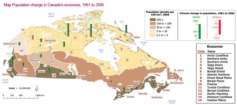 Map Population change in Canada's ecozones, 1981 to 2006